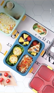 Detail view of multi-compartment bento box with leak-proof seals and clear lid