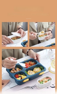 Macro detail of portable bento lunch box with divided compartments and soup bowl set