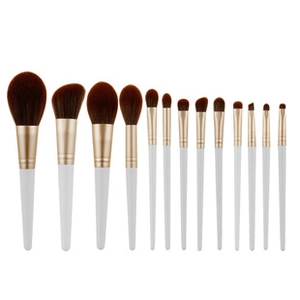 Set of 14 professional makeup brushes with white handles and golden ferrules