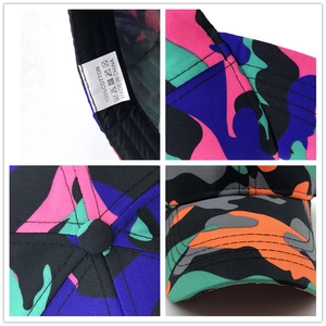 Multi-angle view of 100% cotton camouflage baseball caps showing durable stitching