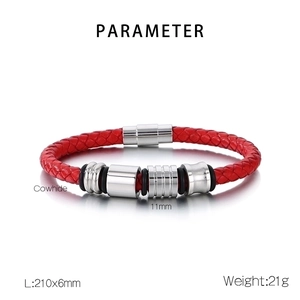 Macro detail of red woven cowhide bracelet with silver beads and measurement parameters
