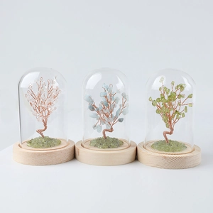 Three crystal money trees with wooden bases and glass domes for home office decoration