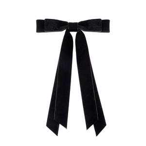 Elegant black velvet double bow hair clip with long ribbons for girls hair styling