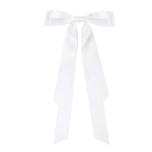 Detailed view of a long white satin bow hair clip with flowing ribbons on white background