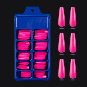 Hot pink coffin press on nails set in a blue storage box with multiple sizes