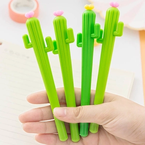 Set of four cute green cactus shaped gel pens with colorful flower details for school