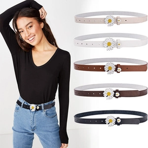 Detail showing woven wax rope belts with floral daisy buckles in five various colors