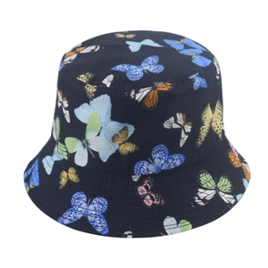 Navy blue bucket hat with colorful butterfly print for sun protection and summer chic style