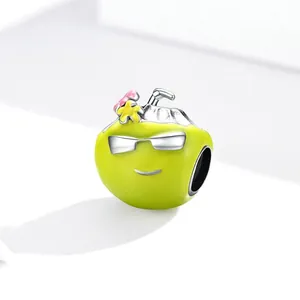 925 sterling silver tropical coconut charm with green enamel and sunglasses for DIY bracelets