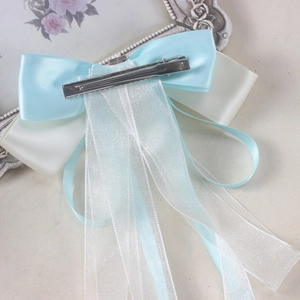 Blue and beige satin ribbon bow hair clip with long streamers in Chinese style