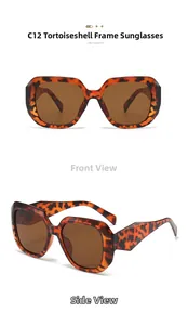 Macro detail of tortoiseshell square sunglasses with wide temples and brown lenses