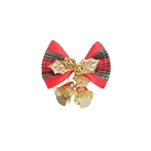Christmas bow ornament with red green plaid fabric and gold metal bells decoration
