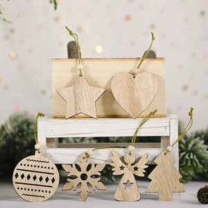 Set of 6 rustic wooden Christmas ornaments featuring star, angel, and snowflake shapes