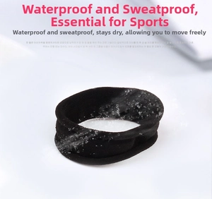 Macro view of waterproof black elastic hair band with water droplets on high-stretch fiber