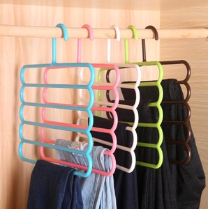 Five-tier S-shaped space-saving multi-color pant hangers for efficient closet storage