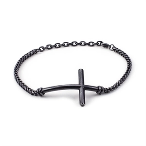 Men's black stainless steel braided chain bracelet featuring a sleek cross pendant