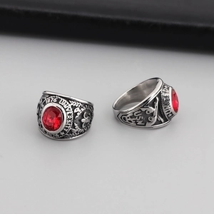 Vintage US Navy USN stainless steel military ring with red ruby gemstone and eagle engraving