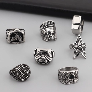 Men's retro punk titanium steel rings featuring star, anchor, and Indian chief designs
