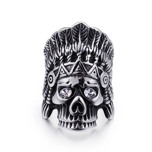 Gothic silver skull ring with Indian feather headdress and sparkling zircon eyes