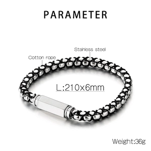 Technical view of stainless steel and cotton rope braided bracelet with size specifications