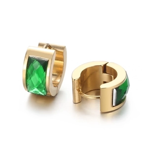 Golden titanium steel hoop earrings featuring square green faceted gemstone dangles