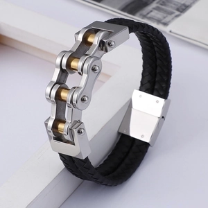 Herren Armband aus schwarzem Leder mit silber-goldener Fahrradkette im Industrie-Stil