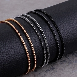 Polished stainless steel box chain necklaces in gold, silver, and black metal finishes