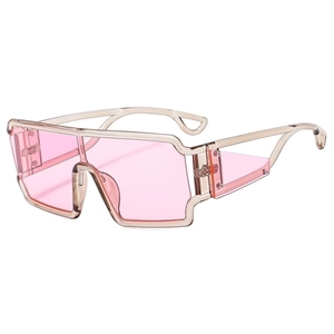 Chic oversized geometric pink shield sunglasses, futuristic designer style UV400 sun eyewear.
