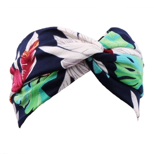 Women's bohemian elastic cross yoga headband with tropical leaf print in navy blue