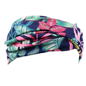 Bohemian elastic criss-cross sports headband with tropical floral and leaf print pattern