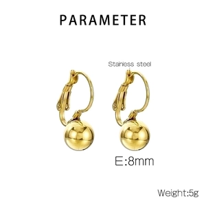 Detail view of gold stainless steel oval earrings with 8mm ball charms weighing 5g
