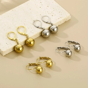 Minimalist gold and silver stainless steel leverback earrings with polished ball pendants