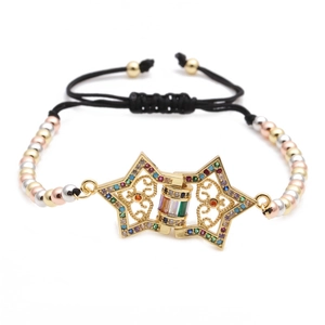 Detail of adjustable woven bracelet with multi-color zircon stones and gold star charm