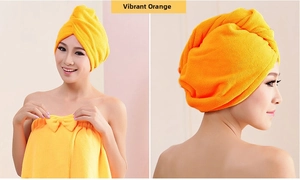 Microfiber hair towel wrap and matching bath skirt set in vibrant orange coral fleece
