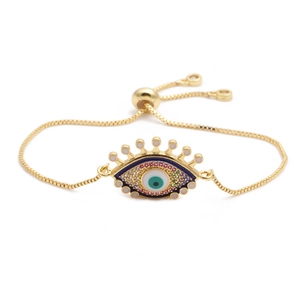 Adjustable evil eye box chain bracelet with multi-color zircon in gold-plated finish