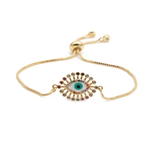 Gold adjustable box chain bracelet with multi-color zircon evil eye charm pendant