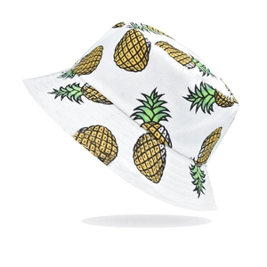 Close-up of durable canvas bucket hat featuring vibrant yellow pineapple print pattern