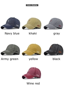 Detail display of distressed cotton baseball caps with C embroidery in seven colors