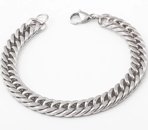 Macro shot of silver 9mm stainless steel Cuban link bracelet with lobster clasp