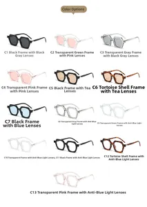 Multiple colors of geometric square frame sunglasses showing diverse lenses and frames