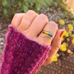 Minimalist s925 silver fidget ring with colorful rainbow beads for anxiety relief