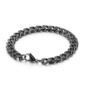 Men's vintage flat edge stainless steel Cuban link chain bracelet in antique silver