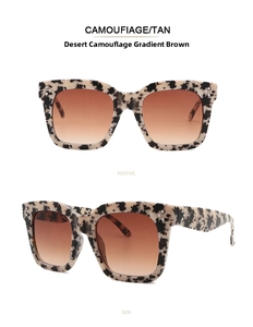 Details quadratischer Oversized-Sonnenbrille mit Wüsten-Tarnmuster und braunen Verlaufsgläsern