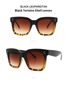 Detailansicht der quadratischen Sonnenbrille in Schwarz und Schildpatt mit Nieten