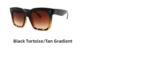 Details quadratische Sonnenbrille mit schwarz-leopard geteilten Rahmen und braunem Verlauf