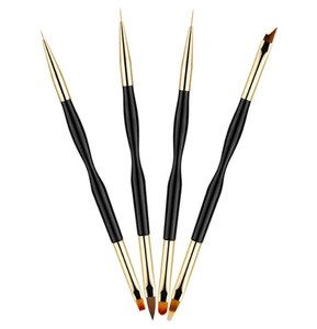 Detailed macro view of 4 professional black nail art brushes with gold metal ferrules