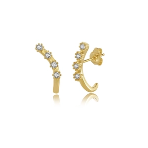 Detail of gold curved stud earrings with four sparkling marquise-cut cubic zirconia stones