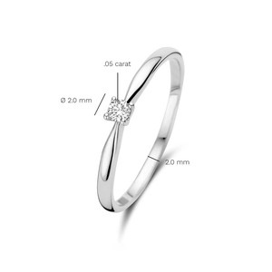 Detailed view of silver diamond ring showing 2.0mm band width and 0.05 carat main stone