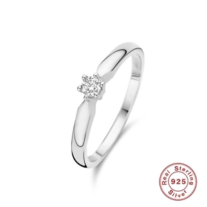 Detailed view of 925 sterling silver ring featuring a six-prong round cut sparkling diamond
