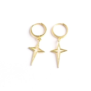 Minimalist S925 sterling silver gold hoop earrings with four-pointed star charms